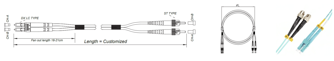 LC UPC to ST UPC OM3 50125um Duplex 20mm Fiber Optic Patch Cord